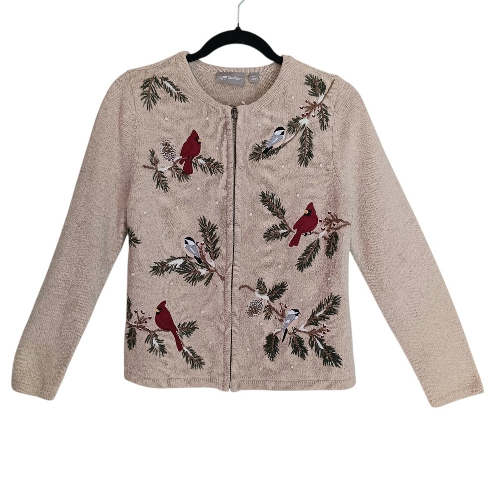 Croft & Barrow Cardigan Womens PS Oatmeal Embroidered Winter Birds Zip Sweater